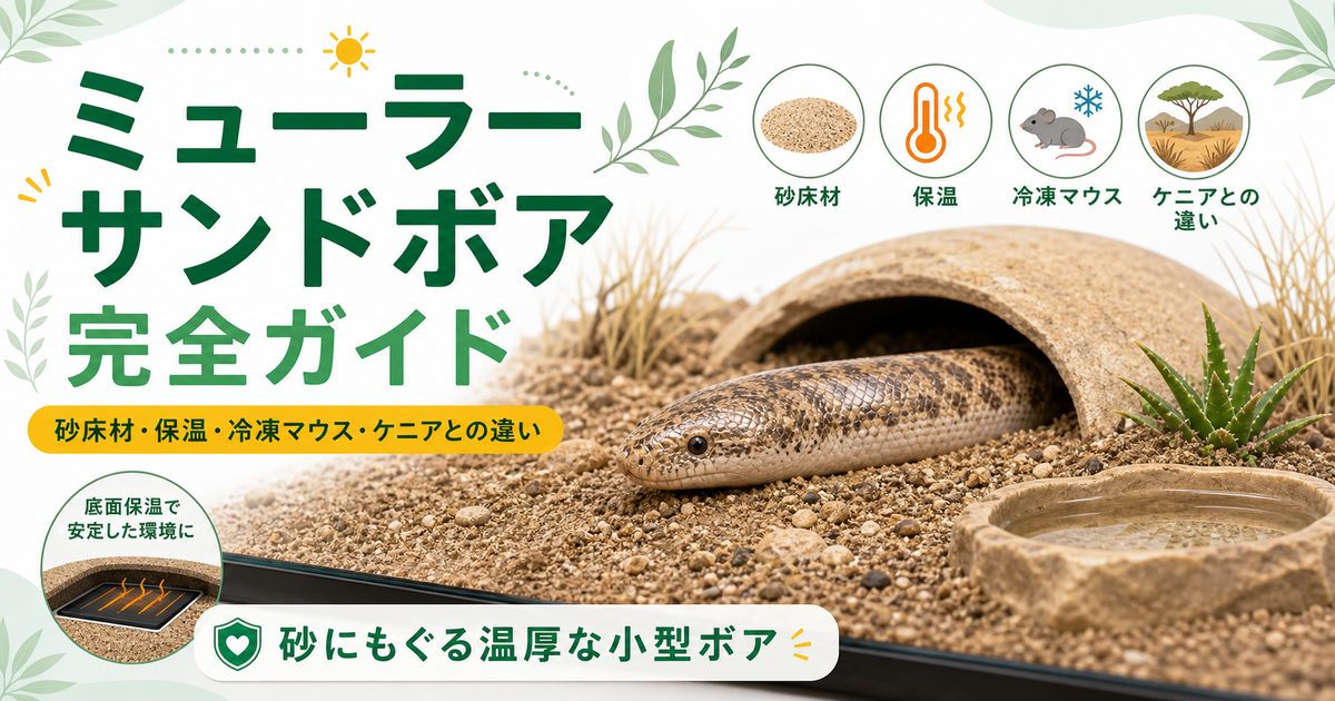 ミューラーサンドボア（Eryx muelleri）飼育完全ガイド｜砂に潜るアフリカの小型ボアの特徴・ケージ・餌・ケニアとの違いを徹底解説の要点を伝えるカメレオン・爬虫類記事アイキャッチ画像