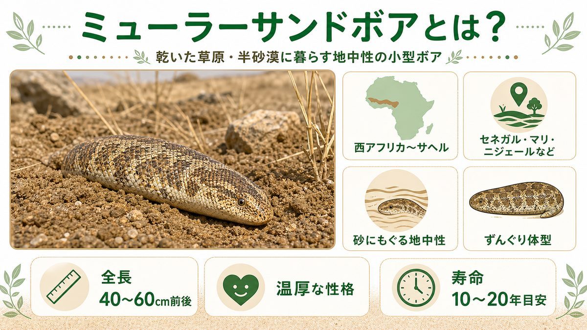 ミューラーサンドボアとは(基本情報)の要点をまとめたカメレオン・爬虫類飼育インフォグラフィック