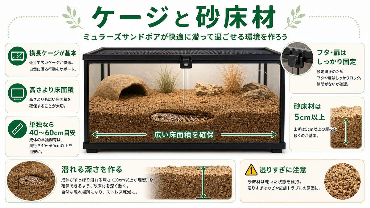 ケージと砂床材のセットアップの要点をまとめたカメレオン・爬虫類飼育インフォグラフィック