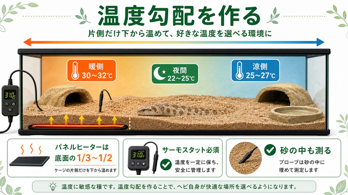 温度・保温・温度勾配の要点をまとめたカメレオン・爬虫類飼育インフォグラフィック