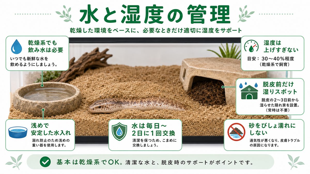 水と湿度の管理の要点をまとめたカメレオン・爬虫類飼育インフォグラフィック