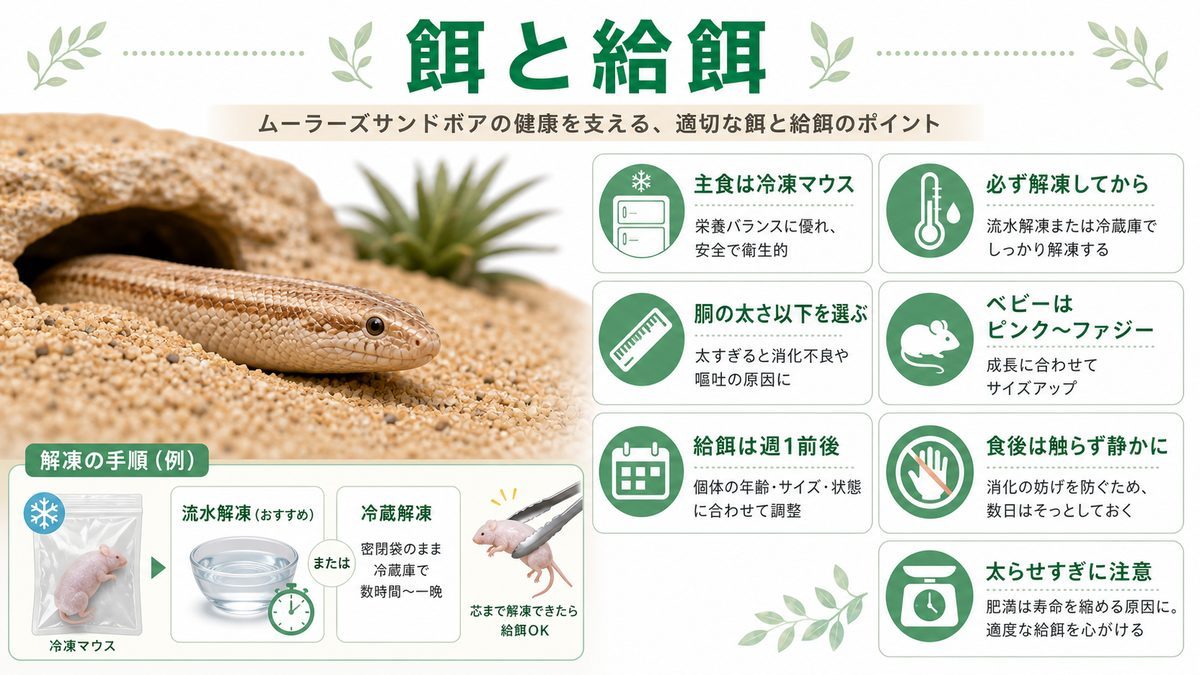 餌と給餌(冷凍マウス)の要点をまとめたカメレオン・爬虫類飼育インフォグラフィック