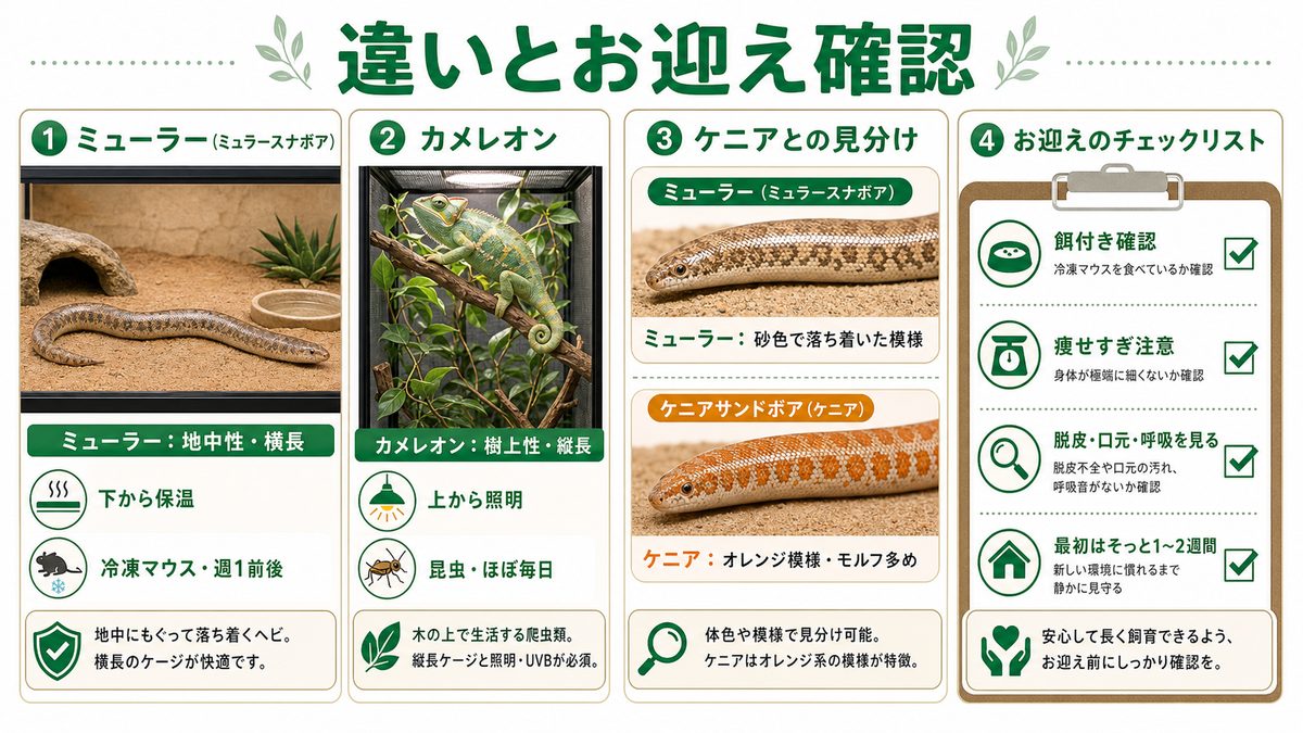 カメレオンとの違い・ケニアとの見分け・お迎えの要点をまとめたカメレオン・爬虫類飼育インフォグラフィック