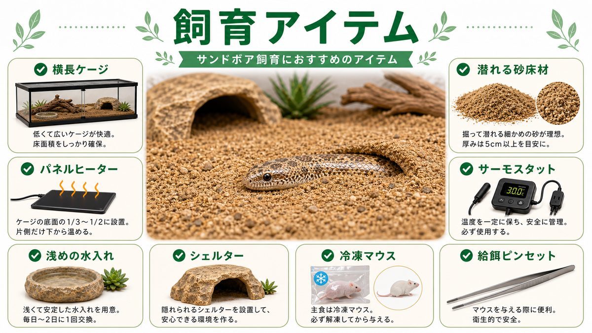 サンドボア飼育におすすめのアイテムの要点をまとめたカメレオン・爬虫類飼育インフォグラフィック