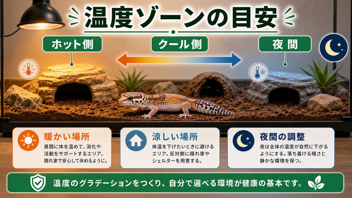 ニシアフの適温は何℃?ホットスポット・クール側・夜間の目安の要点をまとめたカメレオン・爬虫類飼育インフォグラフィック