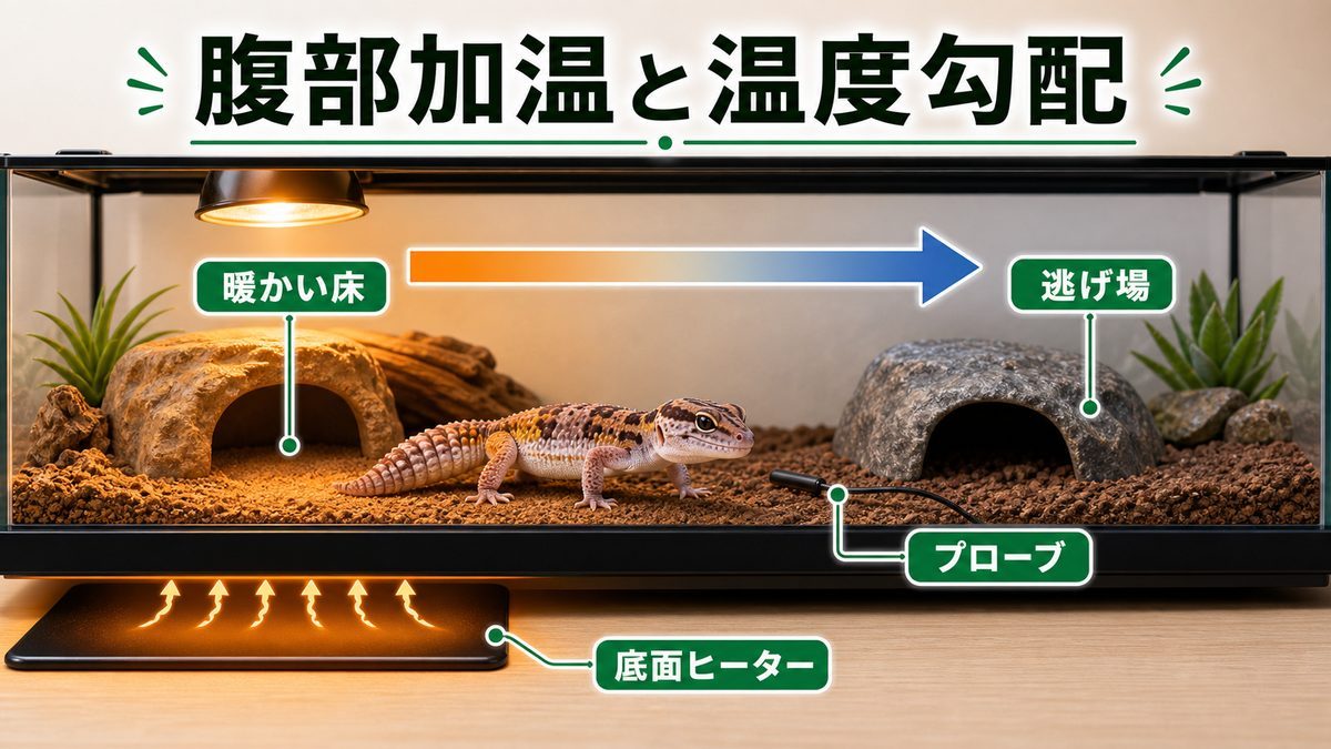 パネルヒーター主体の腹部加温と温度勾配の作り方の要点をまとめたカメレオン・爬虫類飼育インフォグラフィック