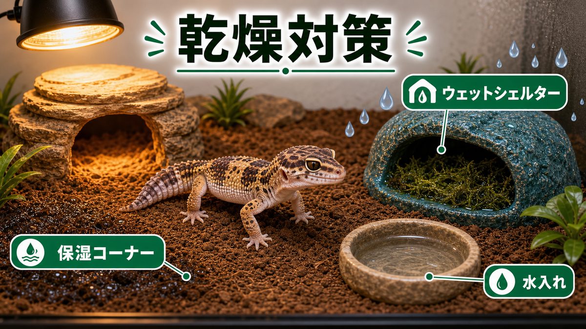 加温すると乾燥する問題への対処|ウェットシェルターと保湿テクニックの要点をまとめたカメレオン・爬虫類飼育インフォグラフィック