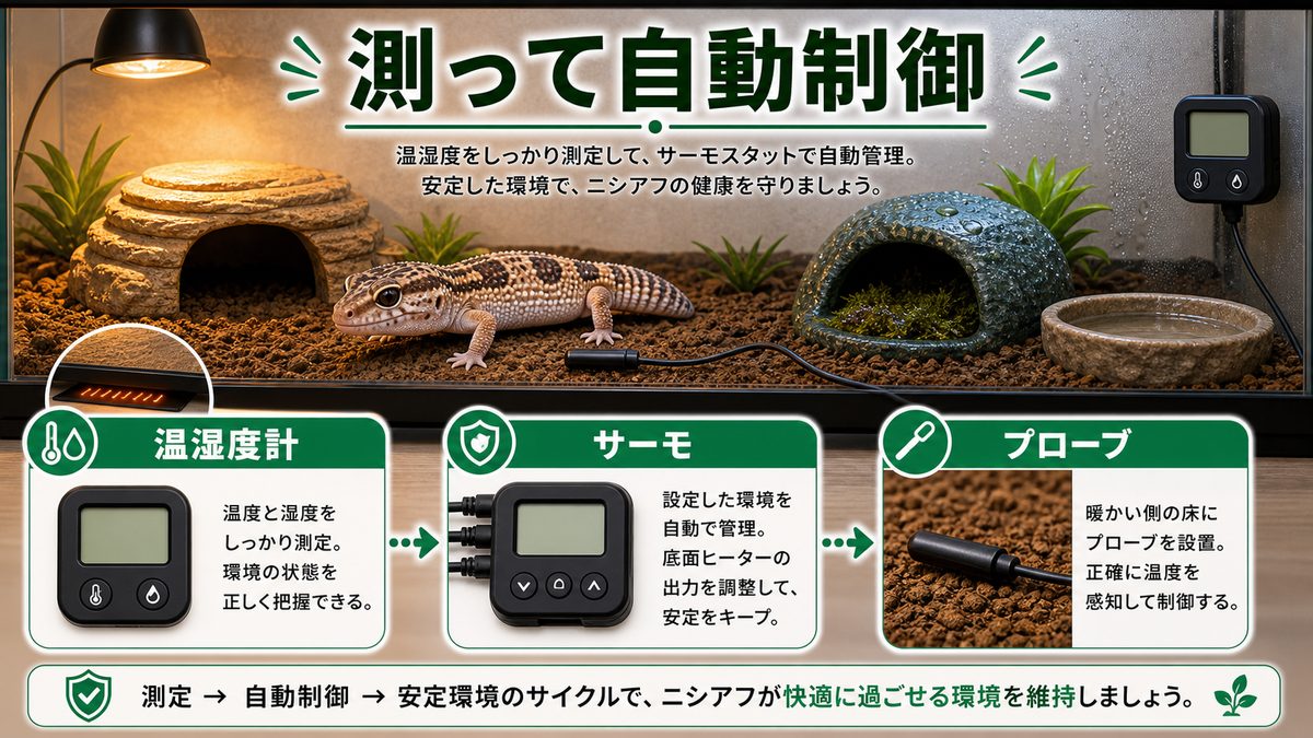 サーモスタットと温湿度計|温度を「測って・自動制御する」の要点をまとめたカメレオン・爬虫類飼育インフォグラフィック
