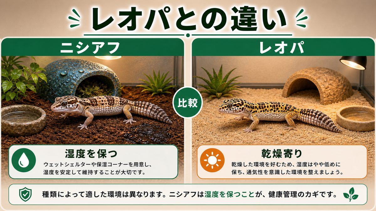 乾燥系レオパとの違い|ニシアフは湿度を切らすと脱皮不全にの要点をまとめたカメレオン・爬虫類飼育インフォグラフィック