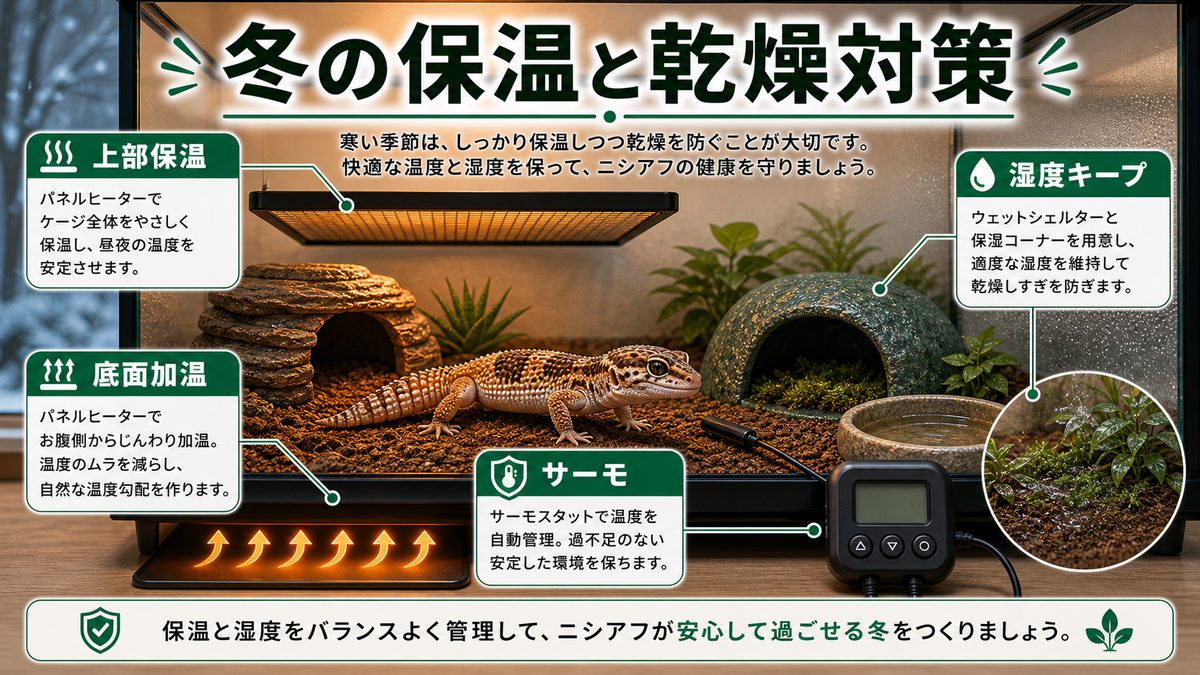 冬の保温強化と過乾燥防止の両立|暖突併用のコツの要点をまとめたカメレオン・爬虫類飼育インフォグラフィック