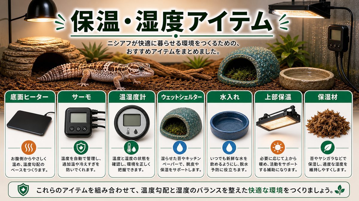 ニシアフの保温・湿度管理のおすすめアイテムまとめの要点をまとめたカメレオン・爬虫類飼育インフォグラフィック