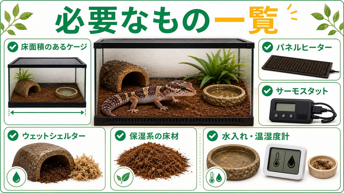ニシアフの飼育に必要なもの一覧と初期費用の目安の要点をまとめたカメレオン・爬虫類飼育インフォグラフィック