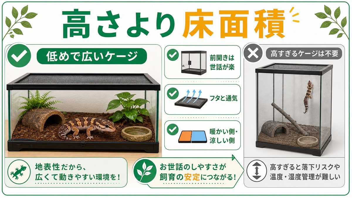 ケージの選び方｜ニシアフは「高さ」より「床面積」の要点をまとめたカメレオン・爬虫類飼育インフォグラフィック