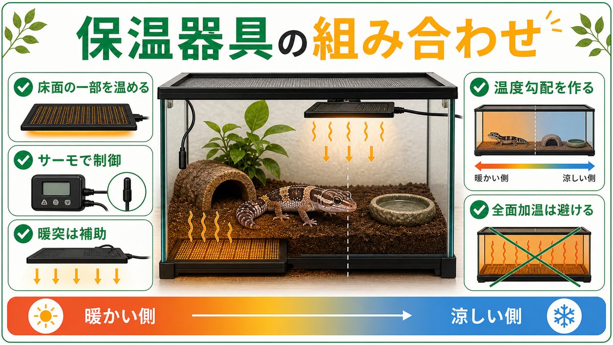 パネルヒーター・暖突・サーモスタット｜保温器具の組み合わせの要点をまとめたカメレオン・爬虫類飼育インフォグラフィック
