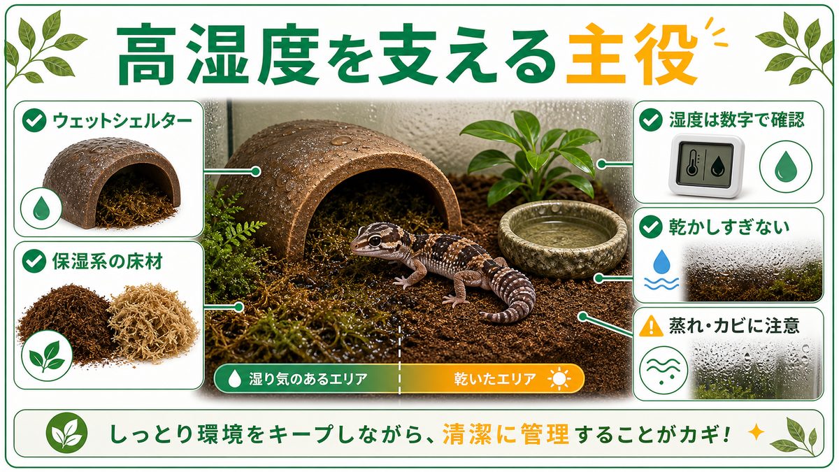 ウェットシェルターと床材｜ニシアフの「高湿度」を支える主役の要点をまとめたカメレオン・爬虫類飼育インフォグラフィック