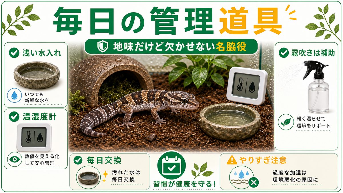 水入れ・温湿度計・霧吹き｜地味だけど欠かせない名脇役の要点をまとめたカメレオン・爬虫類飼育インフォグラフィック