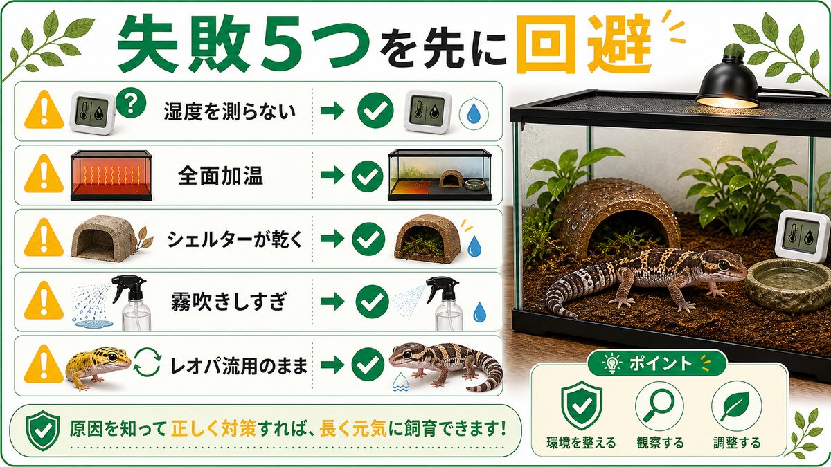 初心者がやりがちな失敗5つと、その回避策の要点をまとめたカメレオン・爬虫類飼育インフォグラフィック