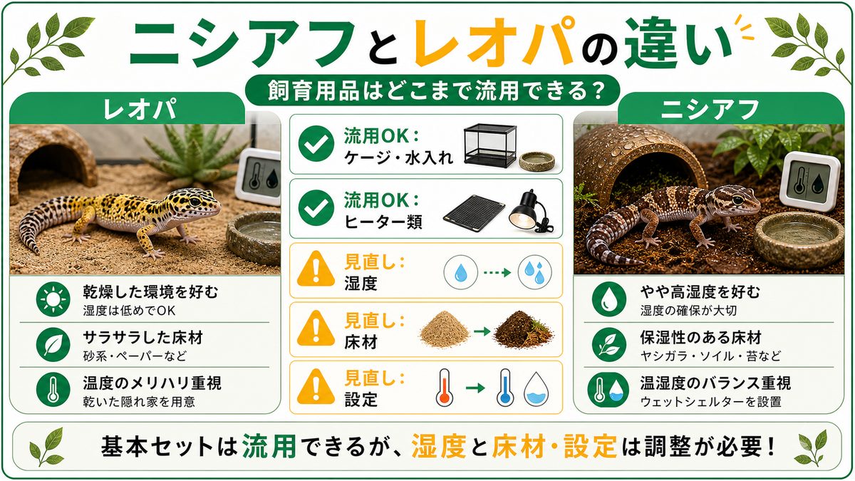 ニシアフとレオパの違い｜飼育用品はどこまで流用できる？の要点をまとめたカメレオン・爬虫類飼育インフォグラフィック