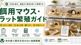 爬虫類の餌用マウス・ラット繁殖完全ガイド｜げっ歯類コロニーの立ち上げ・臭い対策・コスト・冷凍ストック化を徹底解説の要点を伝えるカメレオン・爬虫類記事アイキャッチ画像