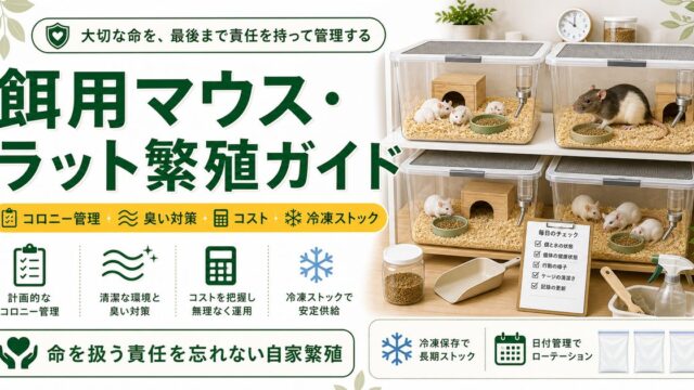 爬虫類の餌用マウス・ラット繁殖完全ガイド｜げっ歯類コロニーの立ち上げ・臭い対策・コスト・冷凍ストック化を徹底解説の要点を伝えるカメレオン・爬虫類記事アイキャッチ画像