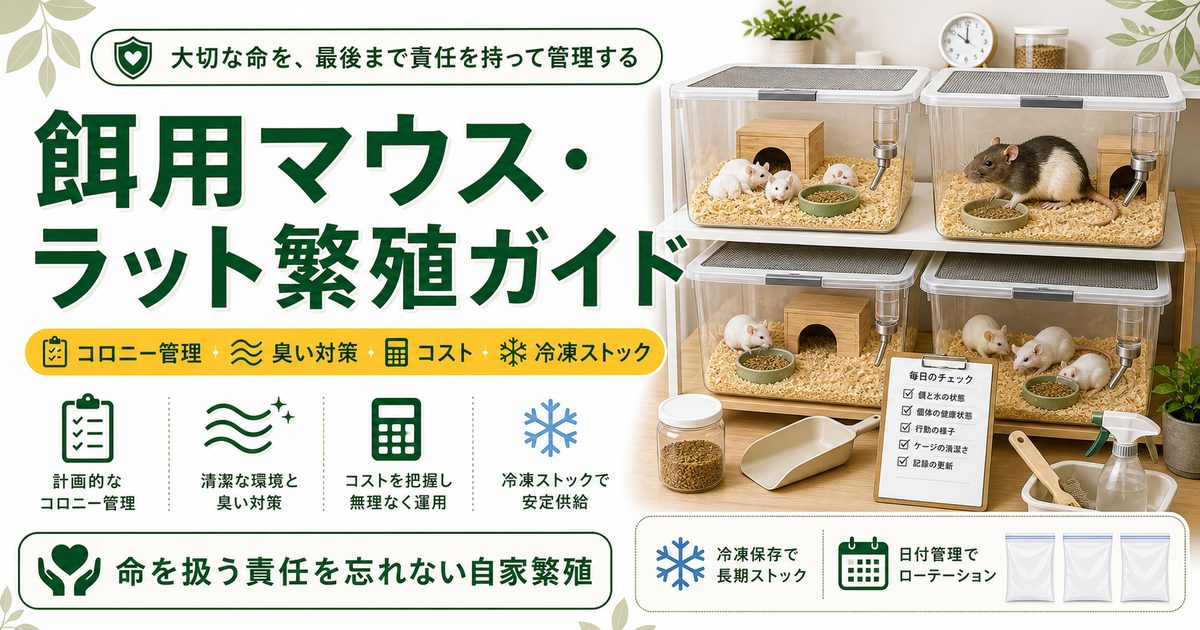 爬虫類の餌用マウス・ラット繁殖完全ガイド｜げっ歯類コロニーの立ち上げ・臭い対策・コスト・冷凍ストック化を徹底解説の要点を伝えるカメレオン・爬虫類記事アイキャッチ画像