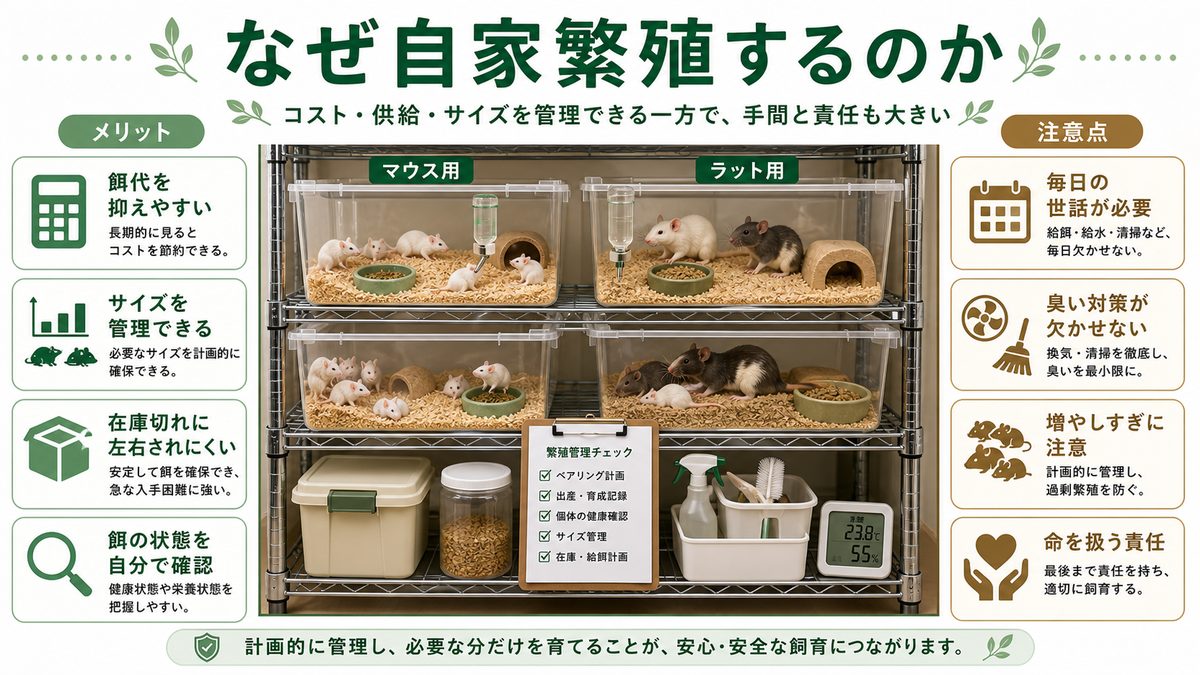 なぜ餌用げっ歯類を自家繁殖するのかの要点をまとめたカメレオン・爬虫類飼育インフォグラフィック