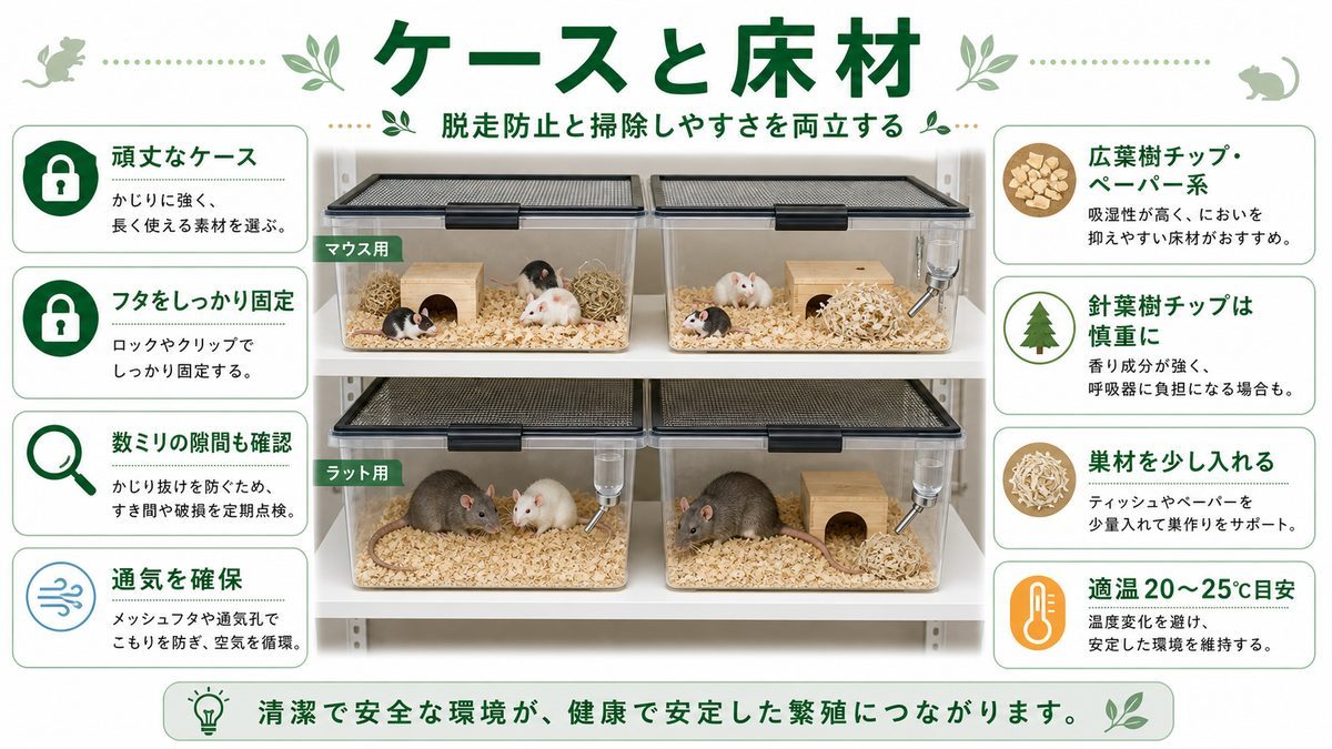 飼育環境・ケースと床材の要点をまとめたカメレオン・爬虫類飼育インフォグラフィック