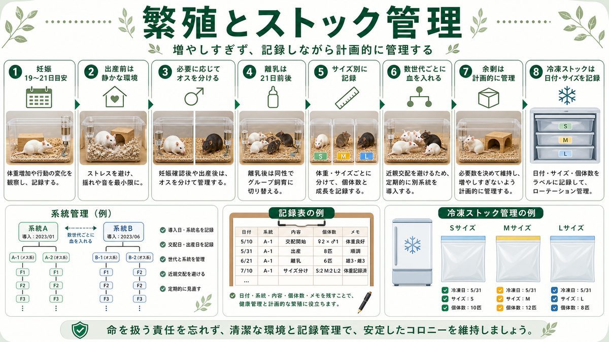 繁殖・累代管理・冷凍ストック化の要点をまとめたカメレオン・爬虫類飼育インフォグラフィック