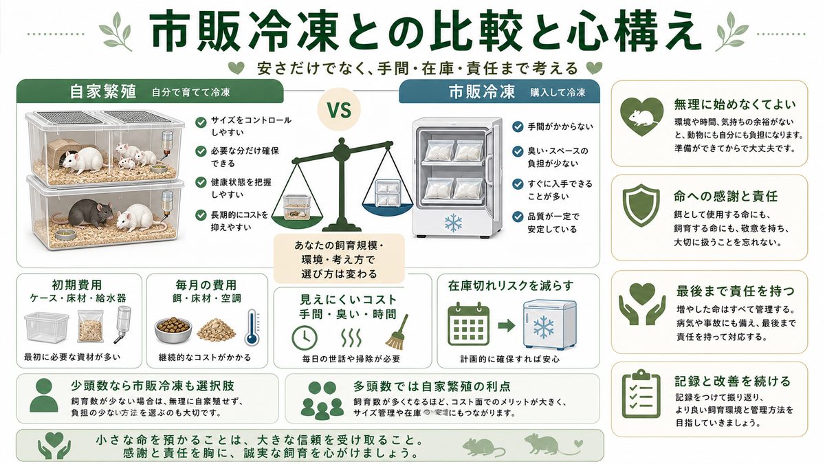 市販冷凍との比較・命を扱う心構えの要点をまとめたカメレオン・爬虫類飼育インフォグラフィック