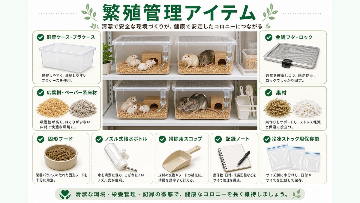 餌用げっ歯類の繁殖におすすめのアイテムの要点をまとめたカメレオン・爬虫類飼育インフォグラフィック