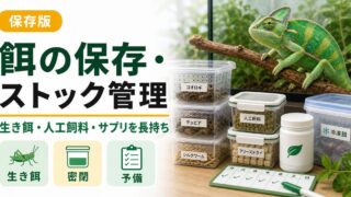 餌の保存・ストック管理完全ガイド｜餌昆虫・人工飼料・サプリを長持ちさせる保管術を徹底解説の要点を伝えるカメレオン・爬虫類記事アイキャッチ画像