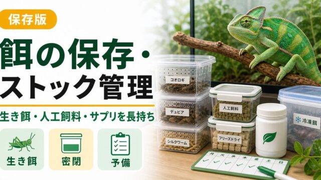 餌の保存・ストック管理完全ガイド｜餌昆虫・人工飼料・サプリを長持ちさせる保管術を徹底解説の要点を伝えるカメレオン・爬虫類記事アイキャッチ画像