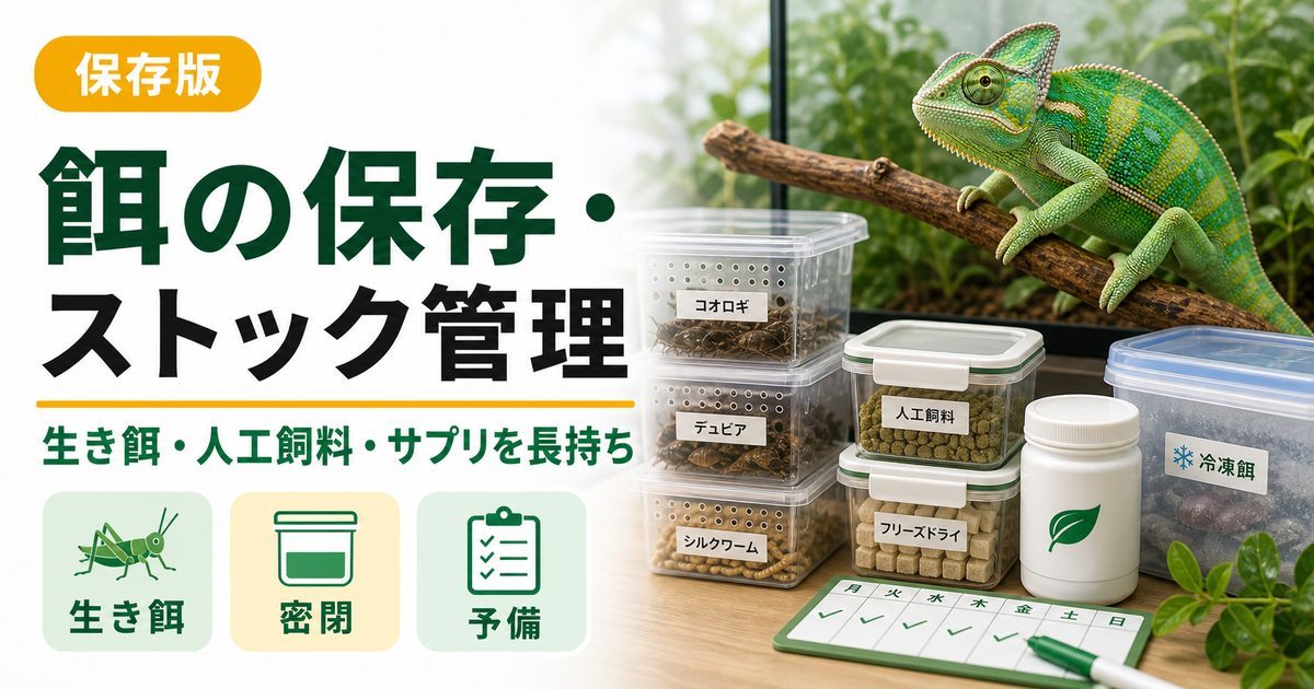 餌の保存・ストック管理完全ガイド｜餌昆虫・人工飼料・サプリを長持ちさせる保管術を徹底解説の要点を伝えるカメレオン・爬虫類記事アイキャッチ画像