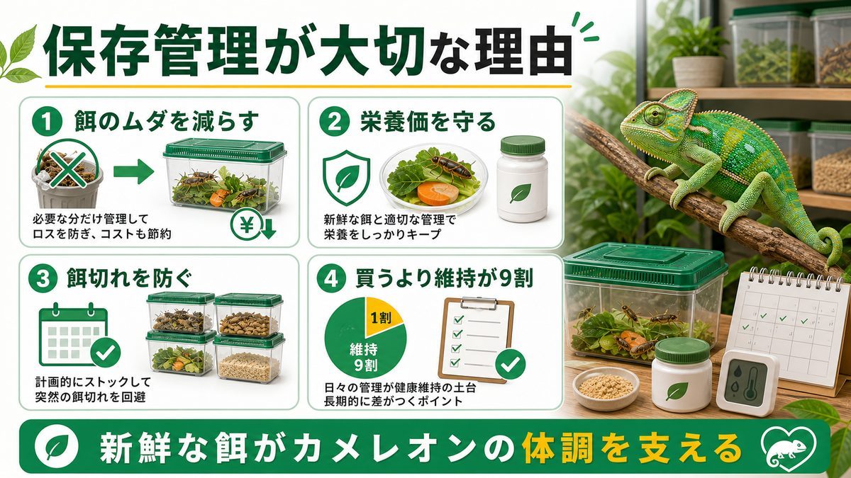 餌の保存・ストック管理が大切な理由の要点をまとめたカメレオン・爬虫類飼育インフォグラフィック