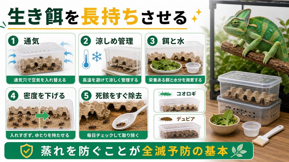 生き餌（コオロギ・デュビア）の保管の要点をまとめたカメレオン・爬虫類飼育インフォグラフィック