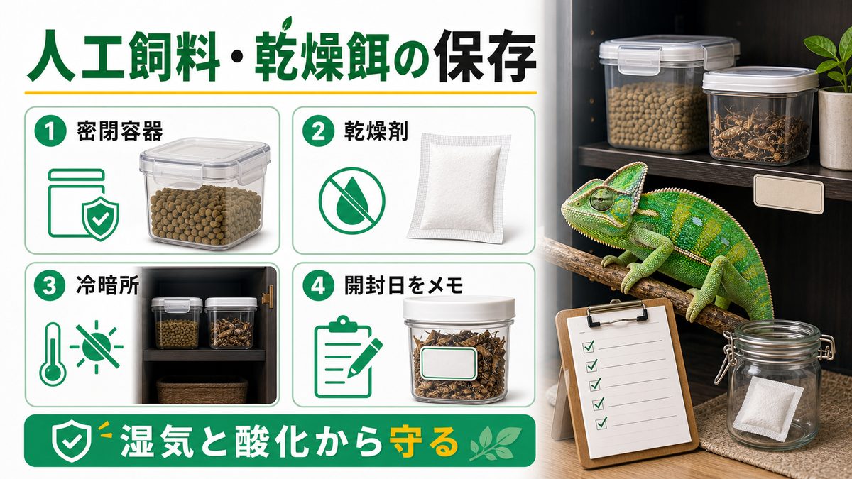 人工飼料・乾燥餌の保存の要点をまとめたカメレオン・爬虫類飼育インフォグラフィック