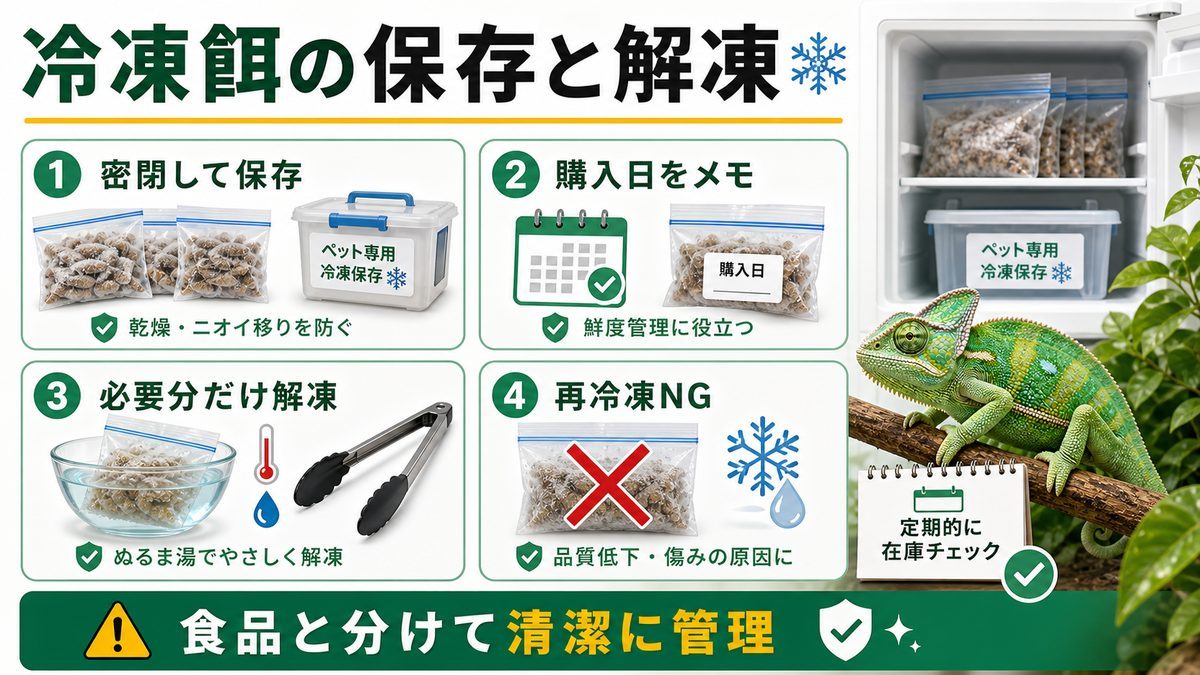 冷凍餌の保存と解凍の要点をまとめたカメレオン・爬虫類飼育インフォグラフィック