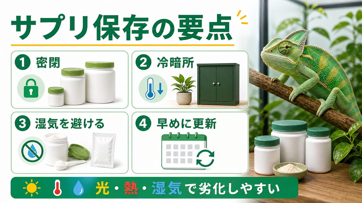 サプリの保存（要点）の要点をまとめたカメレオン・爬虫類飼育インフォグラフィック