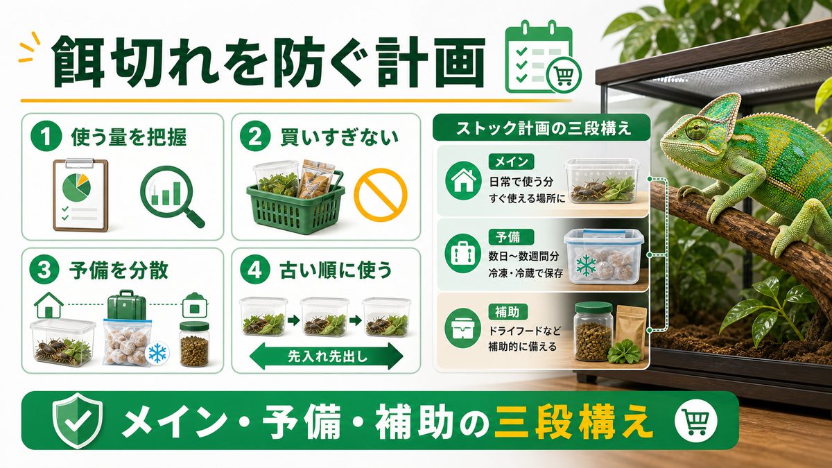 ストック計画と餌切れ対策の要点をまとめたカメレオン・爬虫類飼育インフォグラフィック