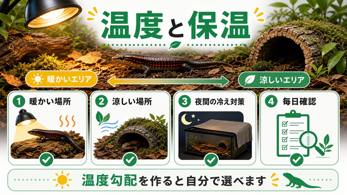 温度・保温の要点をまとめたカメレオン・爬虫類飼育インフォグラフィック