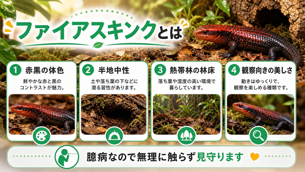 ファイアスキンクとは(基本情報・美しい体色)の要点をまとめたカメレオン・爬虫類飼育インフォグラフィック