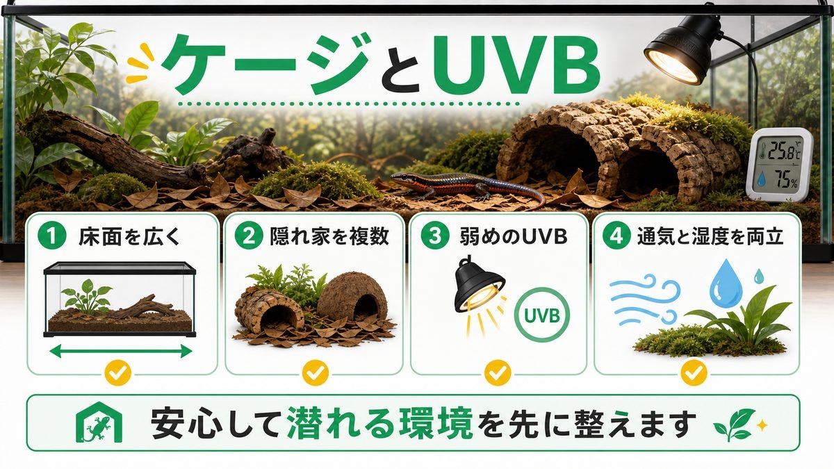 ケージとUVBのセットアップの要点をまとめたカメレオン・爬虫類飼育インフォグラフィック