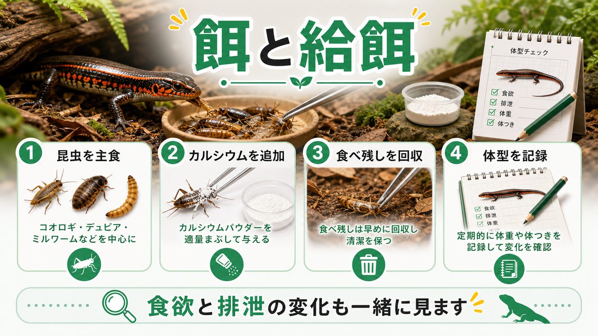 餌と給餌の要点をまとめたカメレオン・爬虫類飼育インフォグラフィック