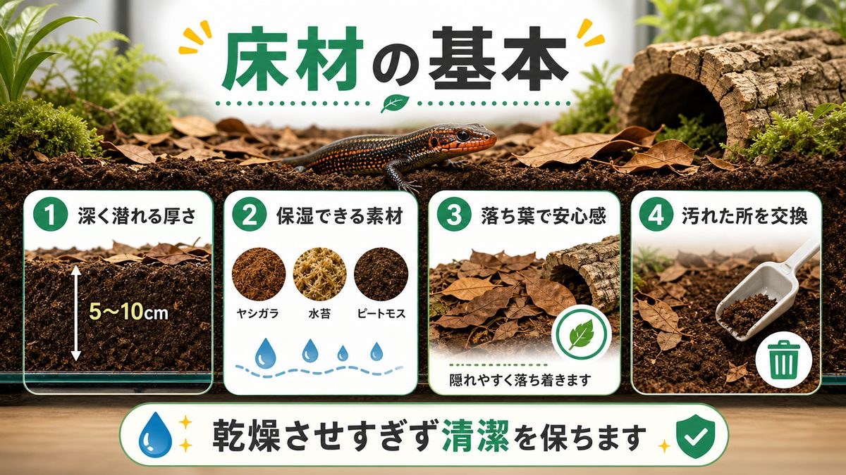 床材(潜る・保湿)の要点をまとめたカメレオン・爬虫類飼育インフォグラフィック
