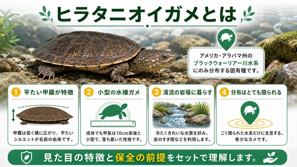 ヒラタニオイガメとは|平たい甲羅が名前の由来の要点をまとめたカメレオン・爬虫類飼育インフォグラフィック