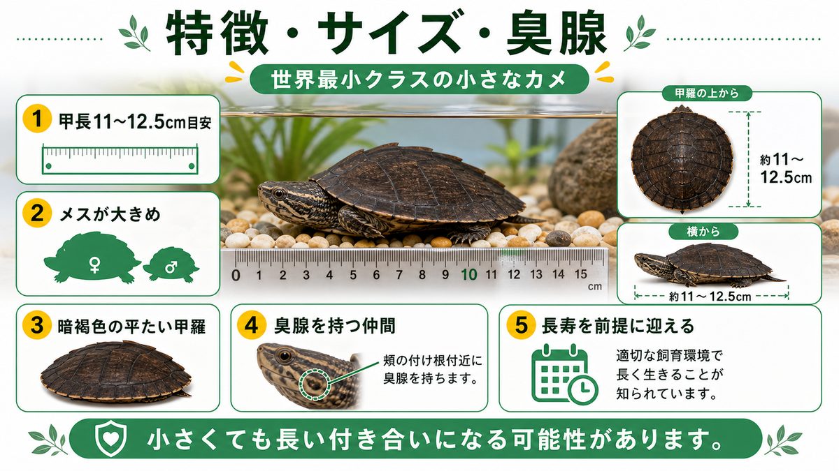 特徴・サイズ・臭腺|世界最小クラスの小さなカメの要点をまとめたカメレオン・爬虫類飼育インフォグラフィック