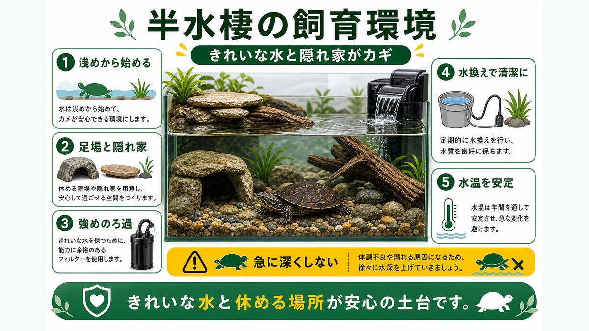 半水棲の飼育環境|きれいな水と隠れ家がカギの要点をまとめたカメレオン・爬虫類飼育インフォグラフィック