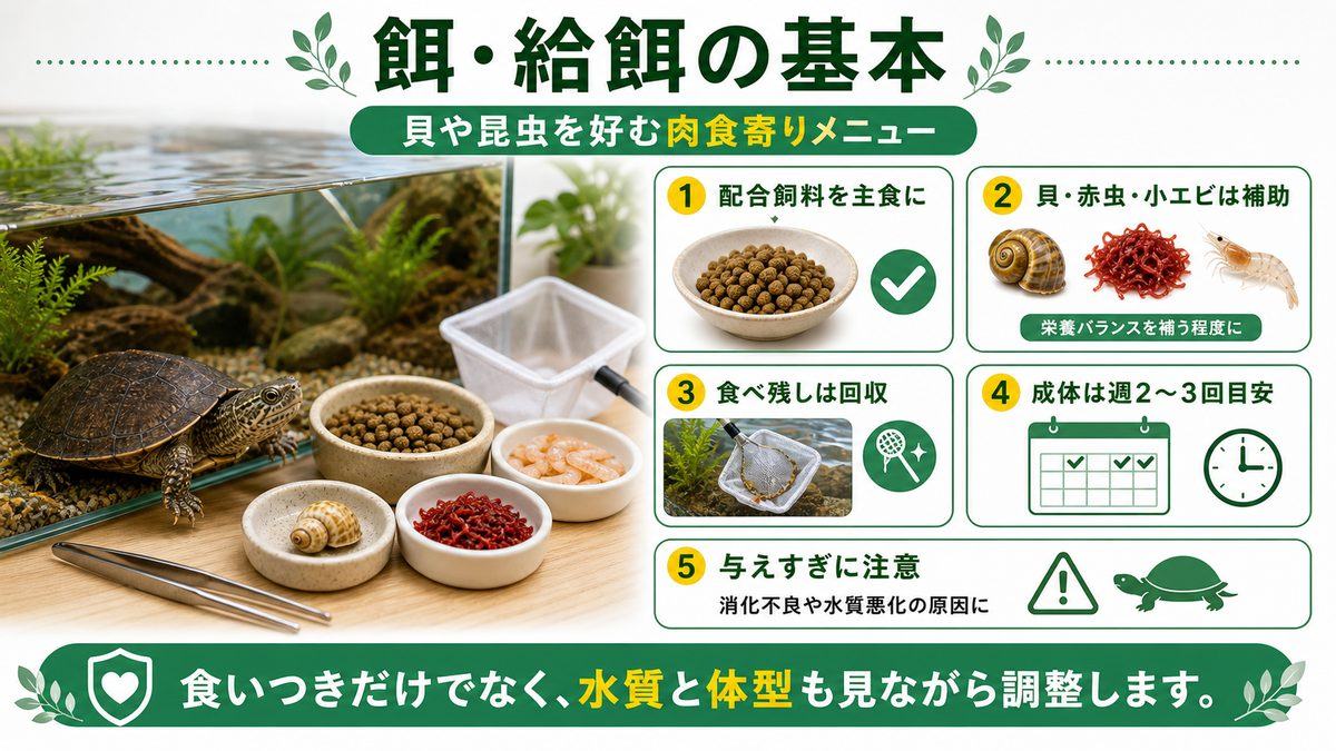 餌・給餌|貝や昆虫を好む肉食寄りメニューの要点をまとめたカメレオン・爬虫類飼育インフォグラフィック