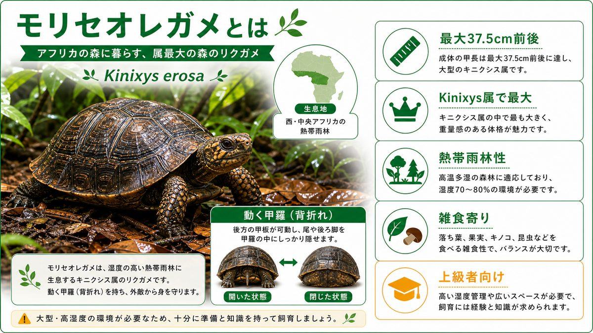 モリセオレガメとは（属最大・熱帯雨林性・基本情報）の要点をまとめたカメレオン・爬虫類飼育インフォグラフィック