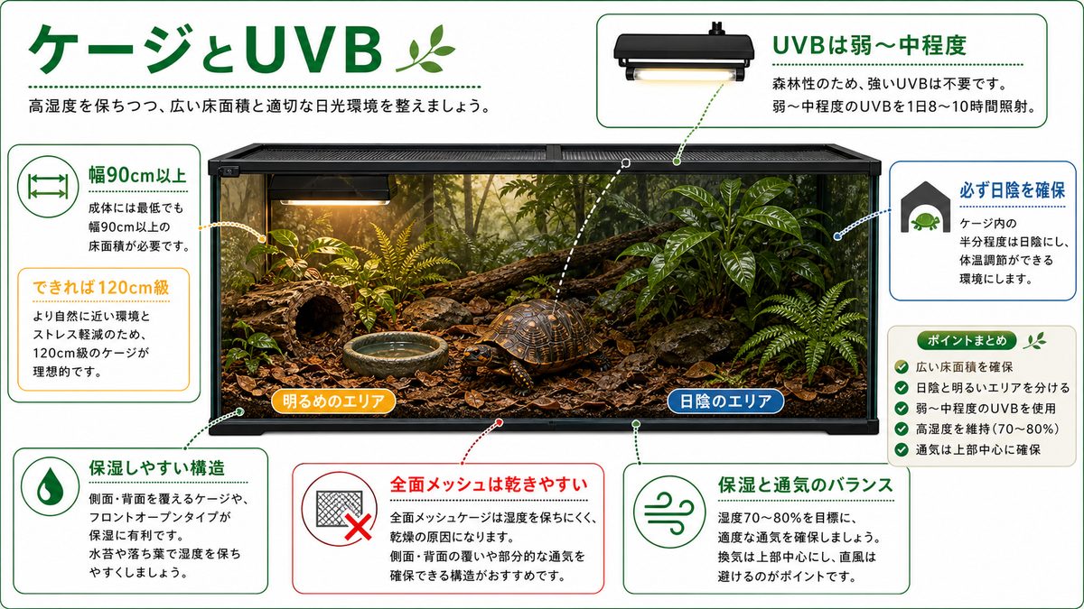 ケージとUVBのセットアップの要点をまとめたカメレオン・爬虫類飼育インフォグラフィック